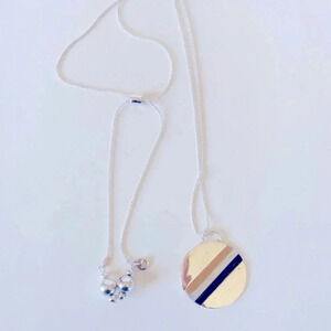 Marlyn Schiff Geometric Striped Disc Pendant Necklace Long Chain